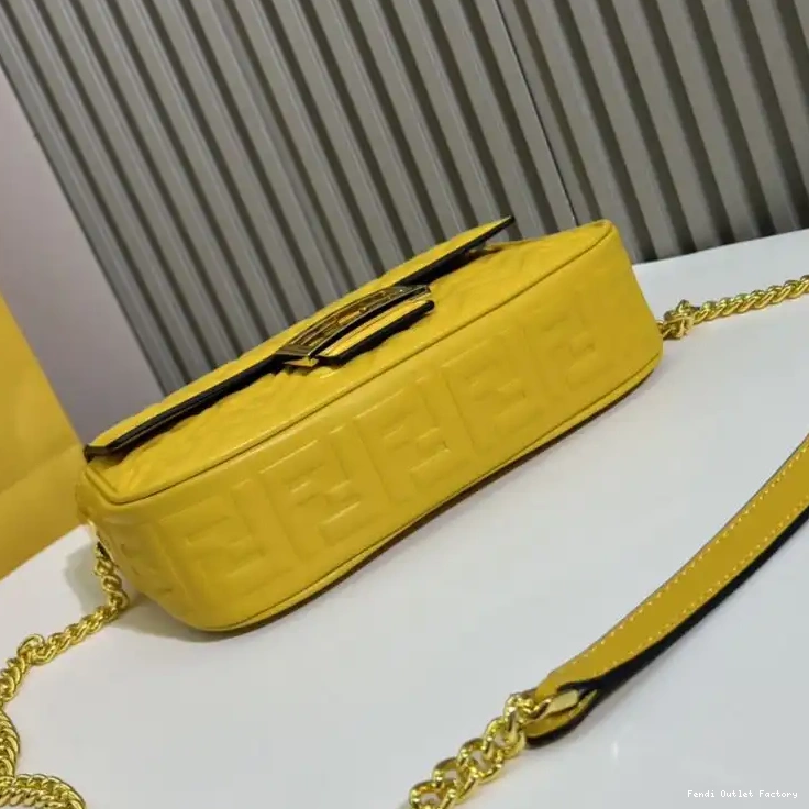 Cheap HOT Baguette FF Nappa Motif Yellow Midi Leather Bag In Chain Fendi 0623